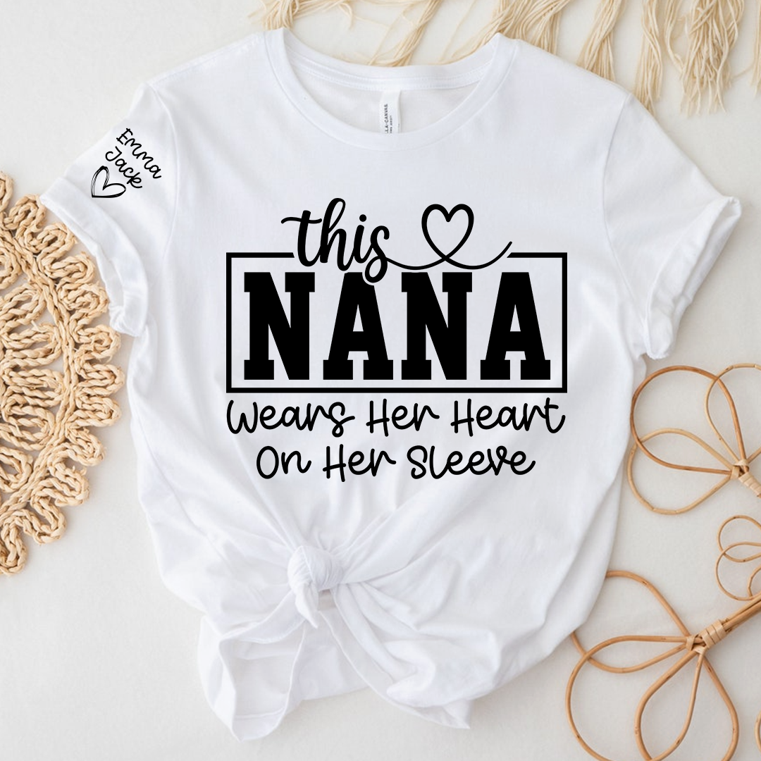 This Grandma Wears Her Heart on Her Sleeve Shirt, Personalized Grandkids Names Family T Shirt