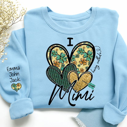 I Love to Be Called Mimi Heart Design Sweatshirt For St. Patrick's Day, Personalized Clover Design Sweatshirt for Grandma with Grandchildren's Names