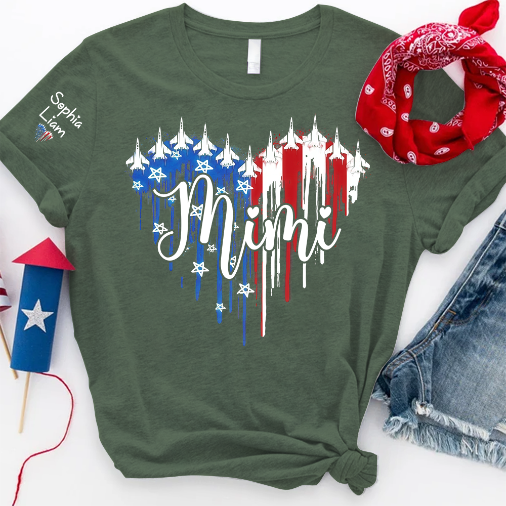 Custom Mimi Shirt with Dripping Flag, Personalized Family Names, American Flag Design, Patriotic Gift for Mimi