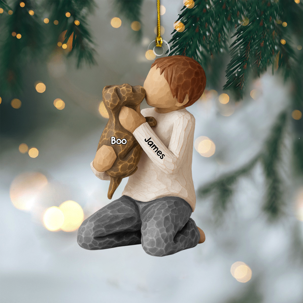 Personalized Boy and Dog Ornament – Custom Name Pet Keepsake Christmas Decoration, Sweet Gift for Dog Lovers Ornament