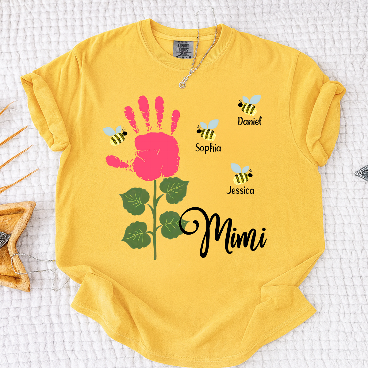 Comfort Colors Personalized Mimi Shirt, Custom Family Names with Handprint Flower Design and Bees, Perfect Gift for Mimi