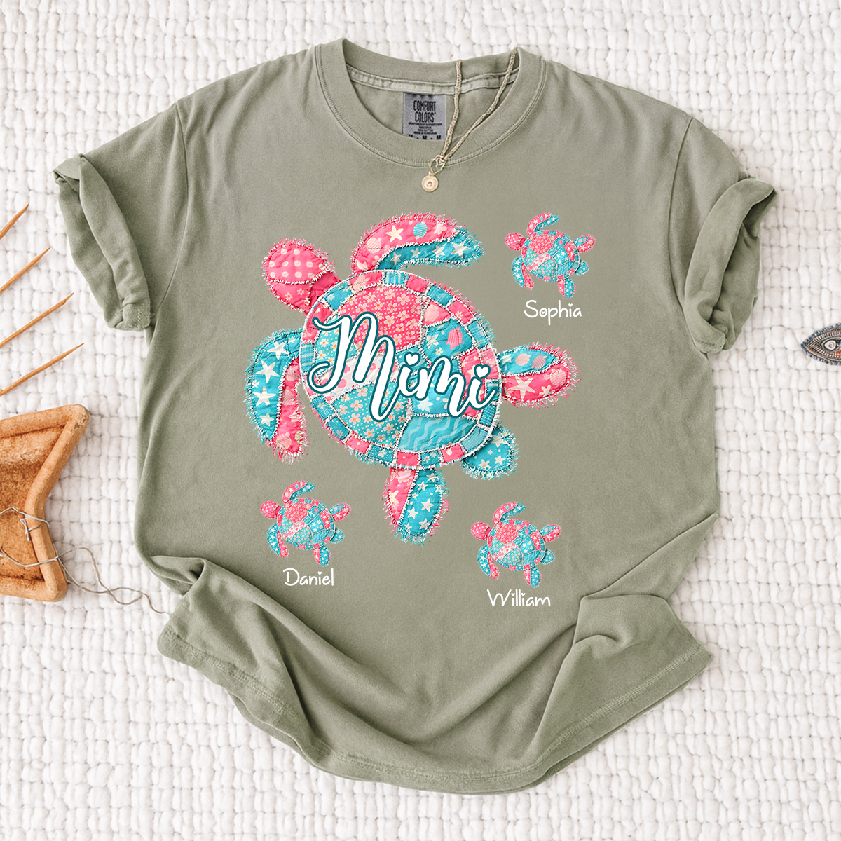 Comfort Colors Mimi Sea Turtle Shirt, Personalized Grandchildren Names T-Shirt, Coastal Grandma Beach Vacation Family Tee