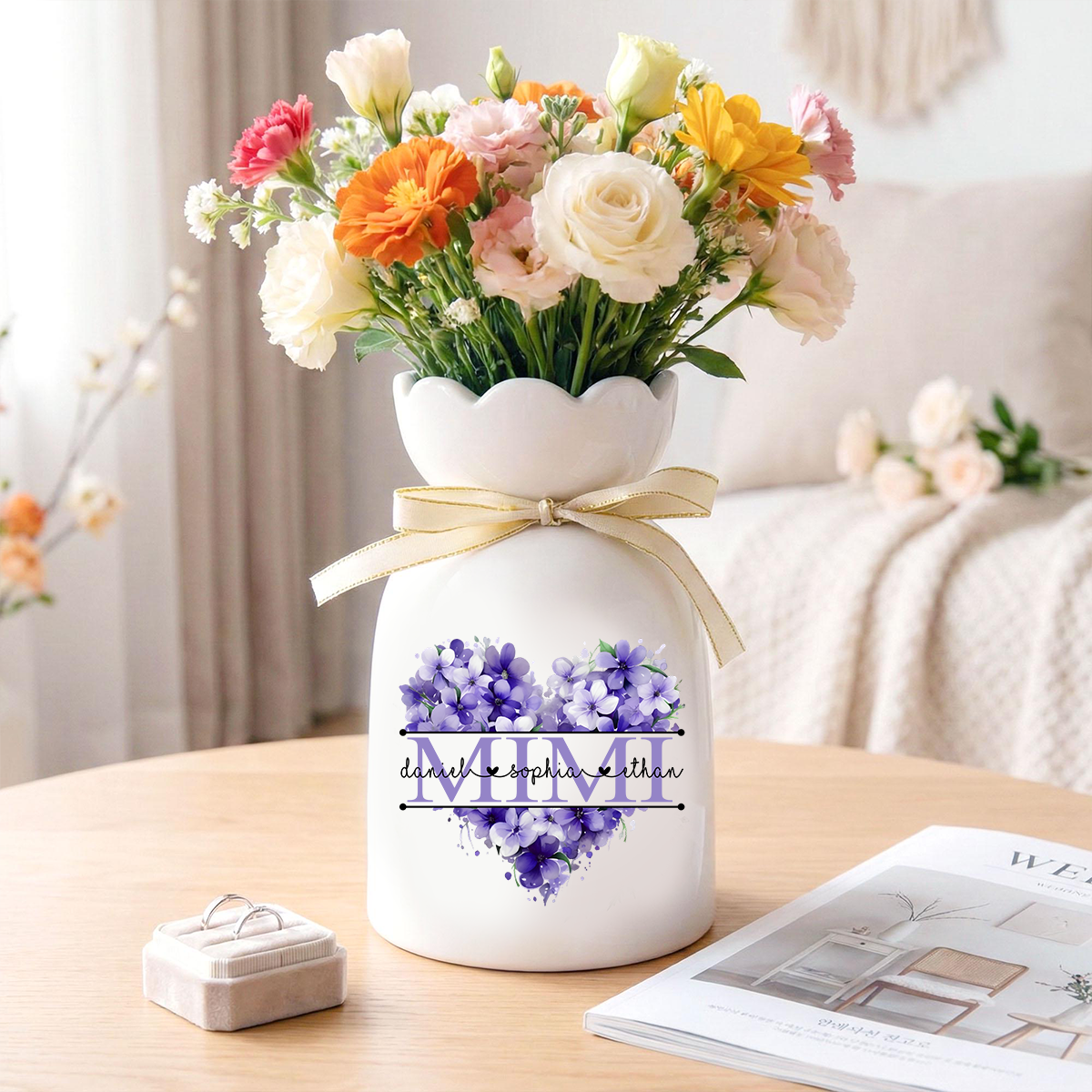 Mimi Personalized Flower Vase, Floral Heart Design with Grandkids' Names, Custom Mother's Day Gift for Mimi, Great for Birthdays