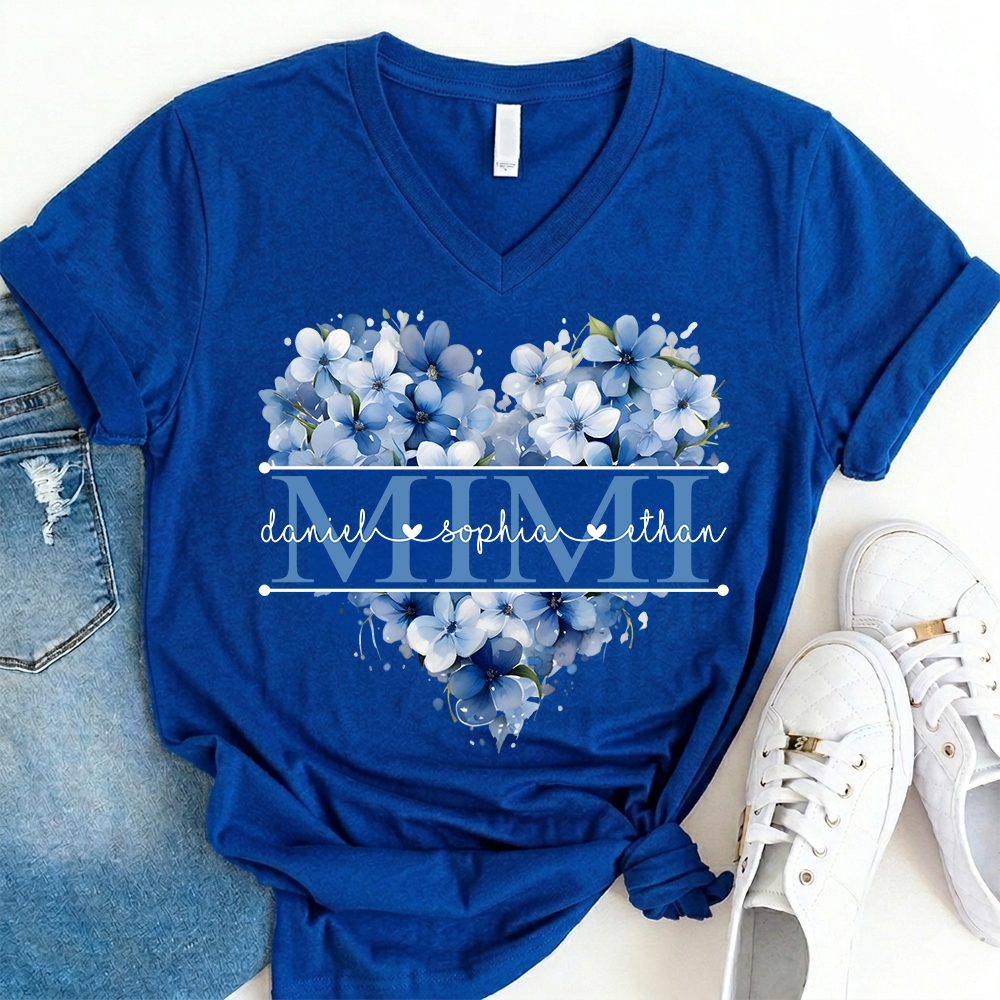Personalized Mimi Shirt with Blue Floral Heart Design, Custom Grandma Gift with Grandkids Name V-Neck