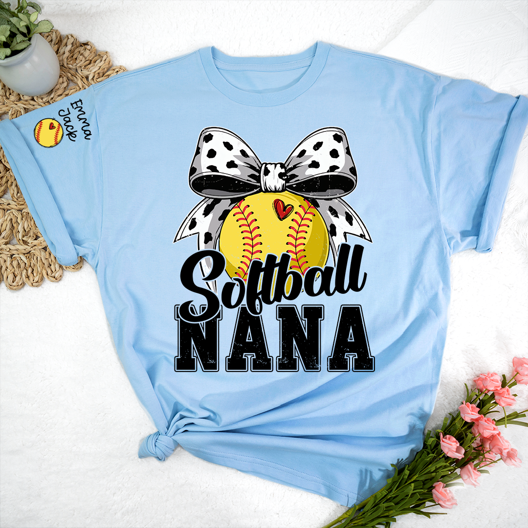 Proud Softball Nana T Shirt, Personalized Kids Names Sports Shirt with Bow Graphic