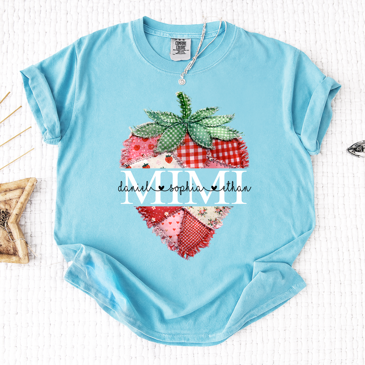 Comfort Colors Custom Mimi Strawberry Patchwork Tee, Personalized Grandma Shirt with Grandchildren Names, Birthday Christmas Family Gift