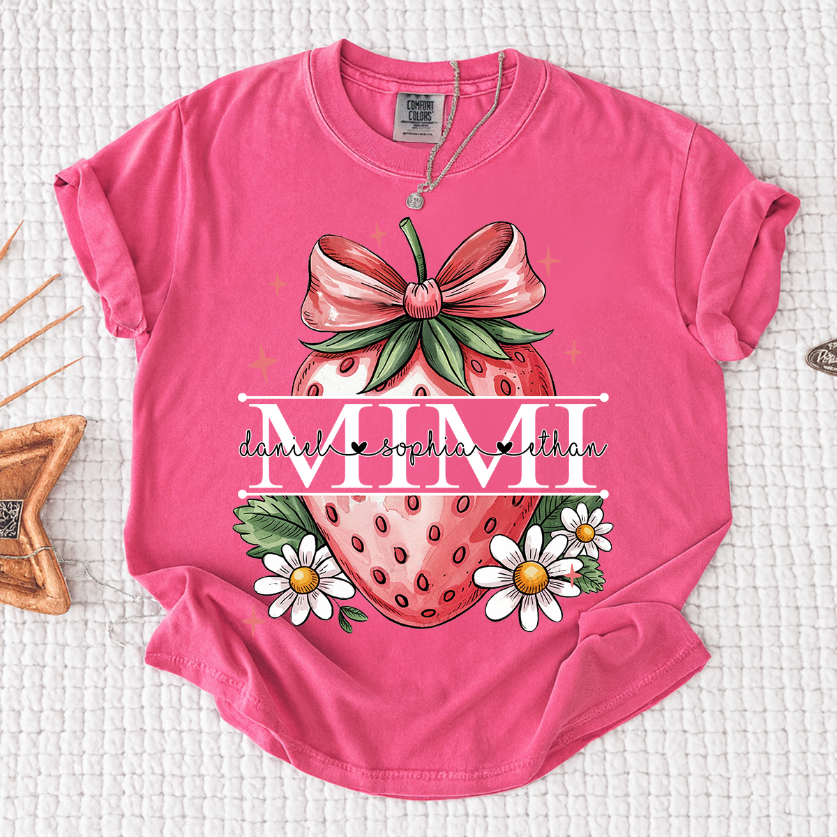 Comfort Colors® Custom Mimi T Shirt with Strawberry Bow Design, Floral Grandma Graphic Tee, Cute Summer Fruit Shirt for Mimi