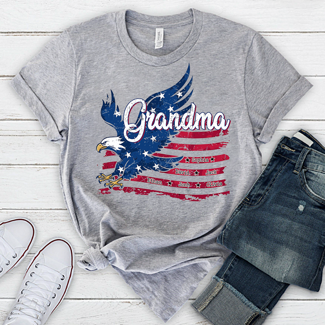 Custom NameEagle T Shirt, Personalized Grandkids Names American Flag Eagle Shirt 4th of July Gift for Grandma