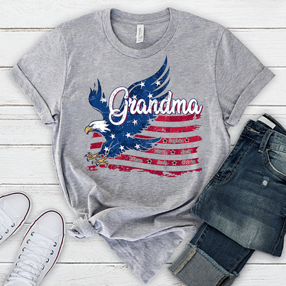 Custom NameEagle T Shirt, Personalized Grandkids Names American Flag Eagle Shirt 4th of July Gift for Grandma
