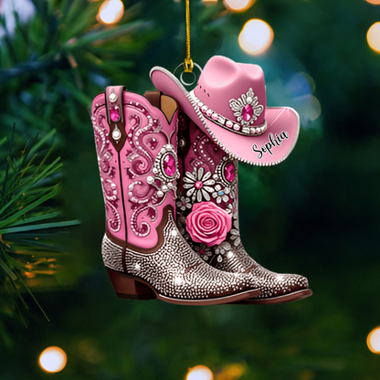 Custom Name Cowgirl Ornament 2025 – Personalized Pink Boots and Hat Decoration, Cute Gift for Rodeo Lovers & Western Fans Ornament