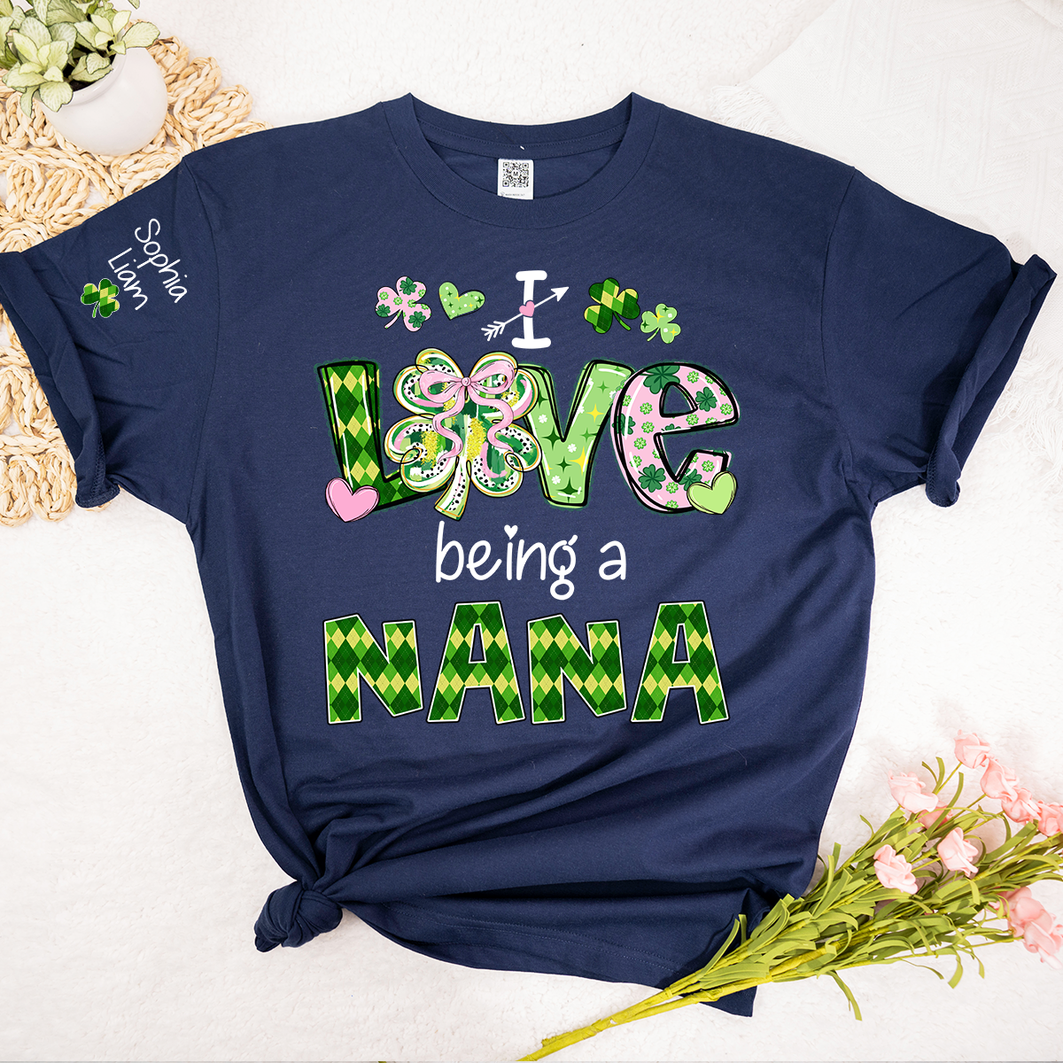 Personalized Patrick’s Day Nana Shirt, I Love Being a Nana Shamrock Design, Custom Grandma Shirt with Kids Names