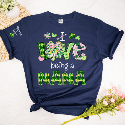 Personalized Patrick’s Day Nana Shirt, I Love Being a Nana Shamrock Design, Custom Grandma Shirt with Kids Names