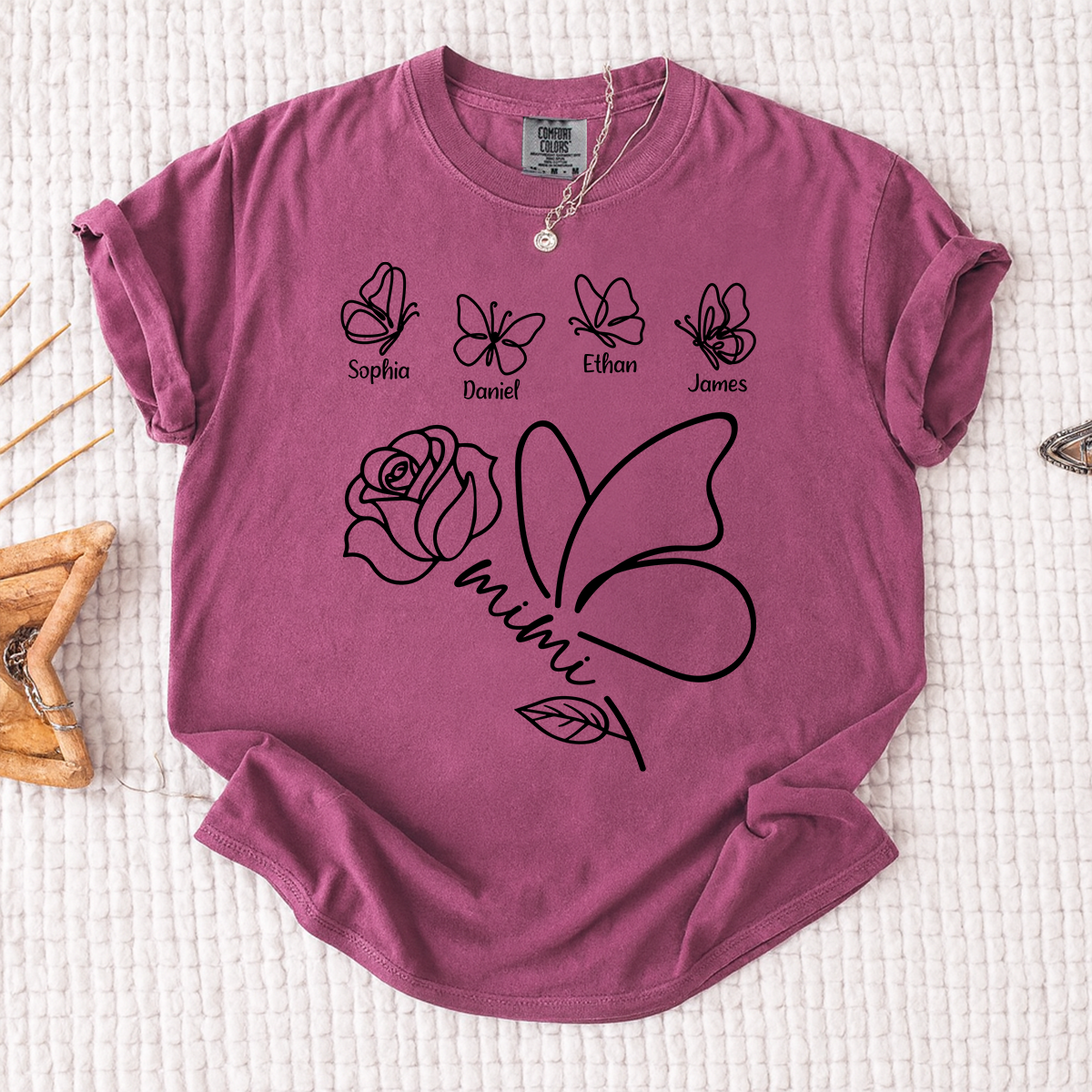 Comfort Colors Custom Mimi Shirt, Butterfly and Rose Graphic, Personalized with Kids Names, Family Gift
