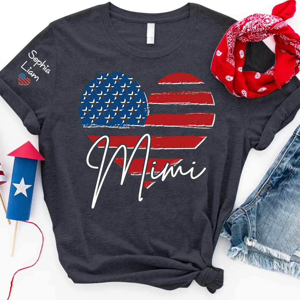 Personalized Mimi Shirt, American Flag Heart Design, Custom Name, Patriotic Fourth of July T Shirt, Independence Day Outfit
