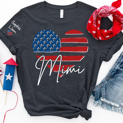 Personalized Mimi Shirt, American Flag Heart Design, Custom Name, Patriotic Fourth of July T Shirt, Independence Day Outfit