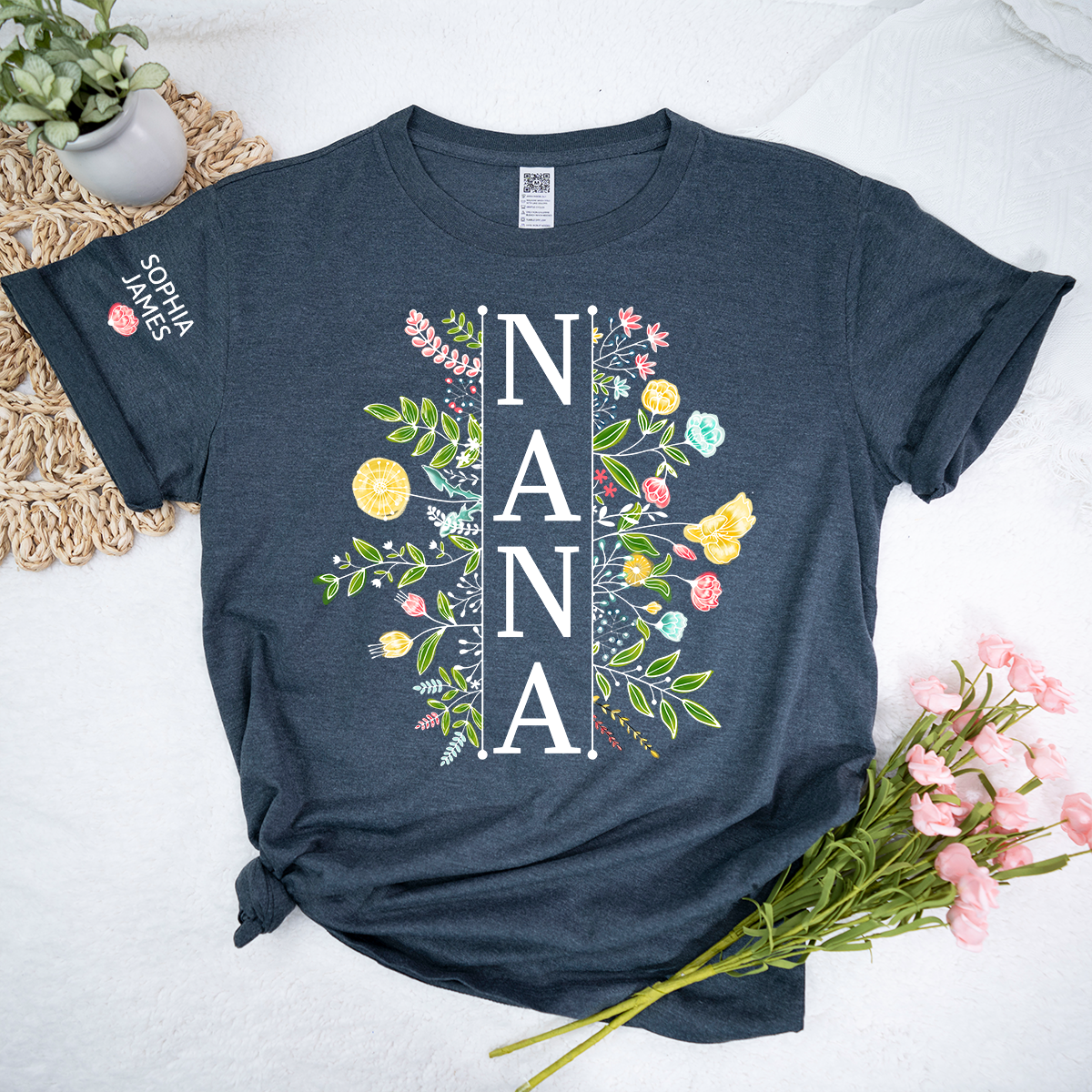 Custom Nana T Shirt with Colorful Floral Artwork, Personalized Gift for Grandma Featuring Kids Names