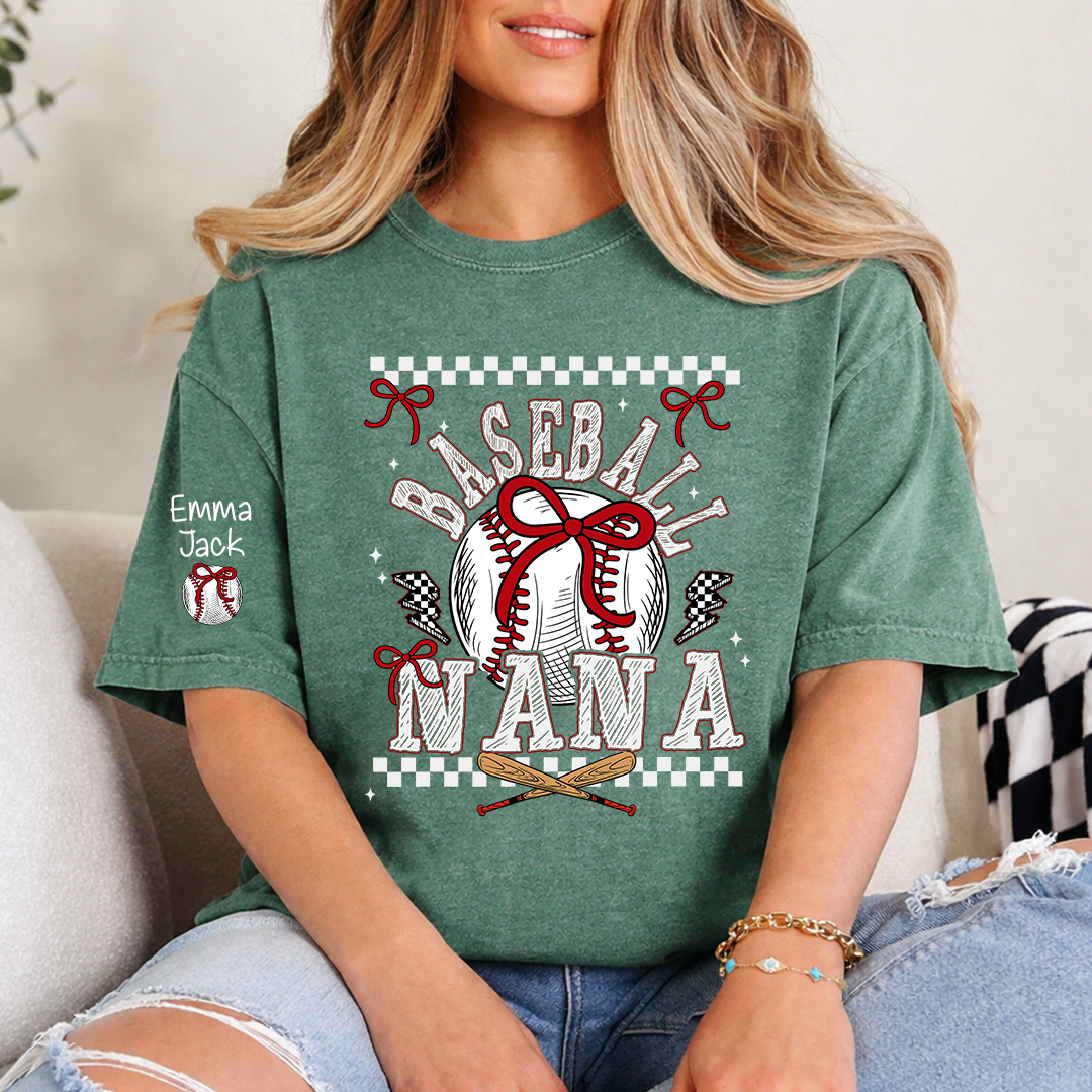 Baseball Nana T-Shirt, Personalized Nana T-Shirt with Bow and Vintage Baseball Design