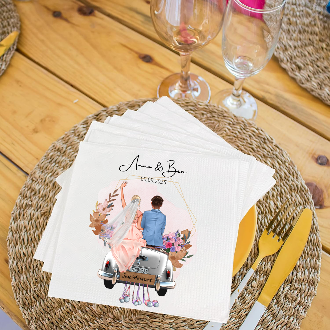Personalized Wedding Napkins – Bride & Groom Car Design, Custom Names & Date Napkinds