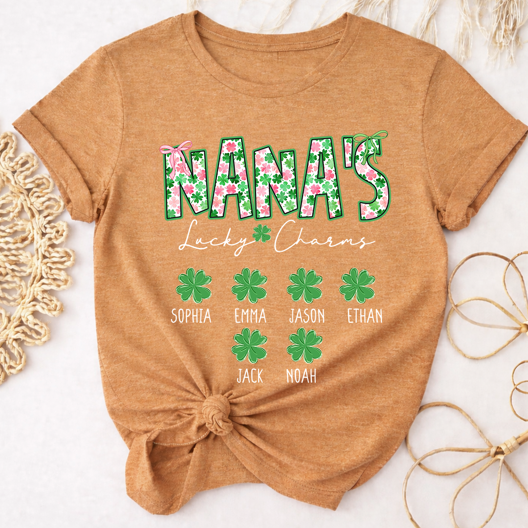 Nana’s Lucky Charms Shirt, Personalized St Patrick’s Day Shamrock Family T-Shirt