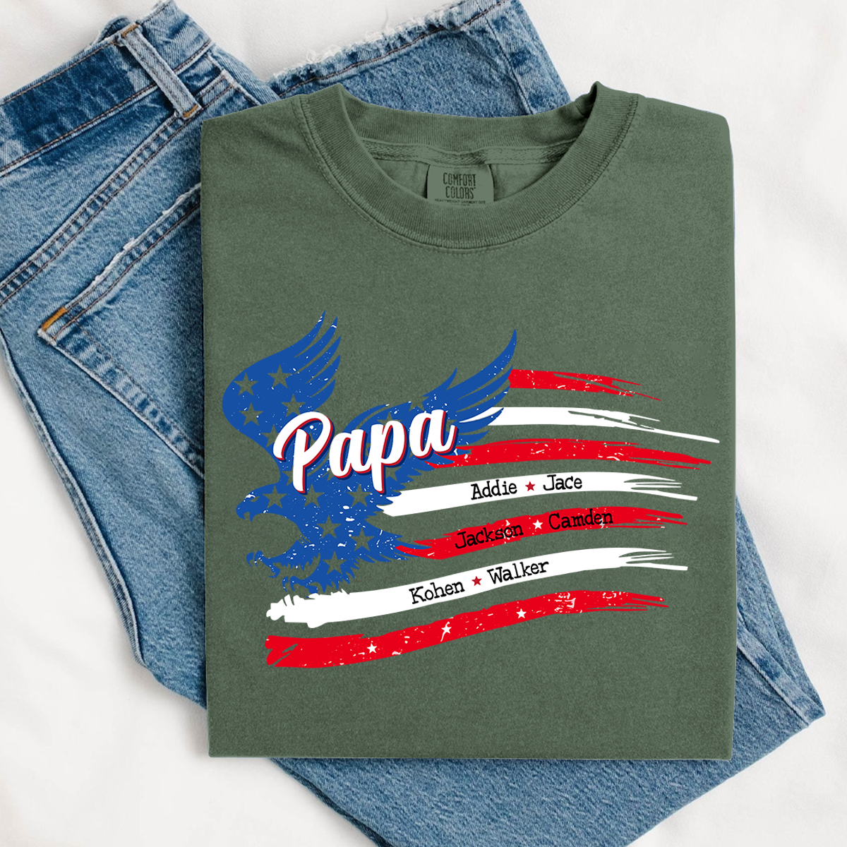 Comfort Colors® Personalized Papa Shirt, Eagle with Grandkids name Hands Flag T-Shirt, Custom Shirt for Fathers Day