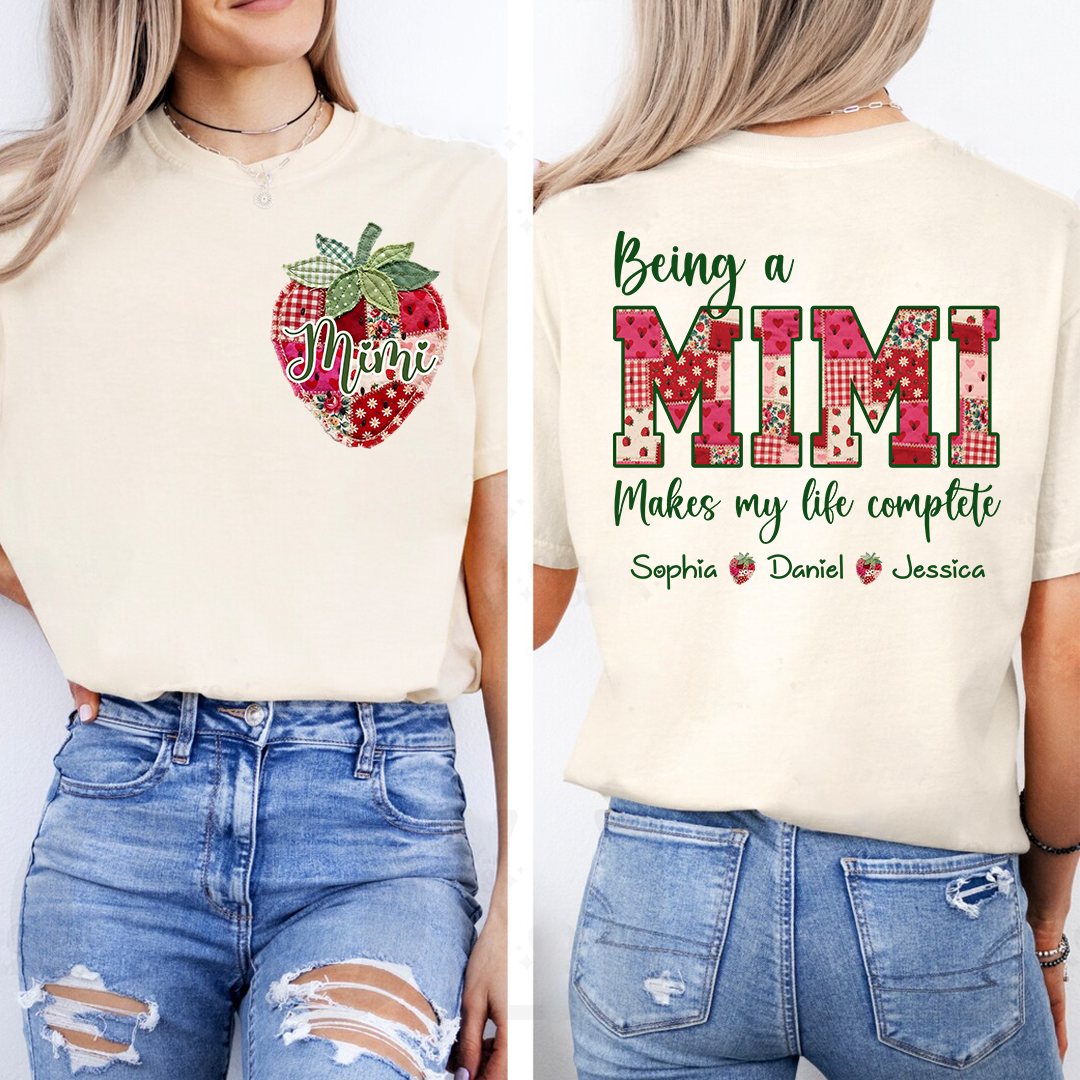 Custom Mimi Shirt with Grandkids Names, Personalized Strawberry Patchwork Tee for Grandma Nana Gigi, Cute Family Gift