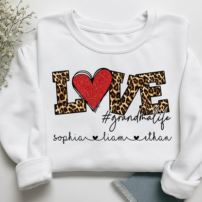 Personalized Grandma Sweatshirt with Grandkids Names, LOVE Leopard Heart Design, Grandma Life Custom Family Crewneck