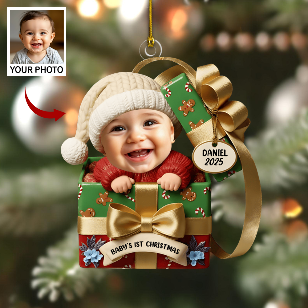 Custom Baby Ornament 2025 – Baby’s 1st Christmas Gift Box Design with Name & Photo, Perfect Holiday Keepsake for New Parents Ornament
