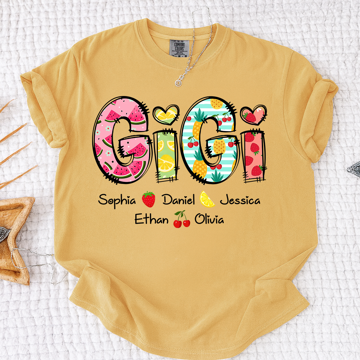 Comfort Colors Custom Gigi Shirt with Kids Names, Personalized Grandma Summer T Shirt, Fruit Pattern Graphic Tee for Nana Mimi Grammy