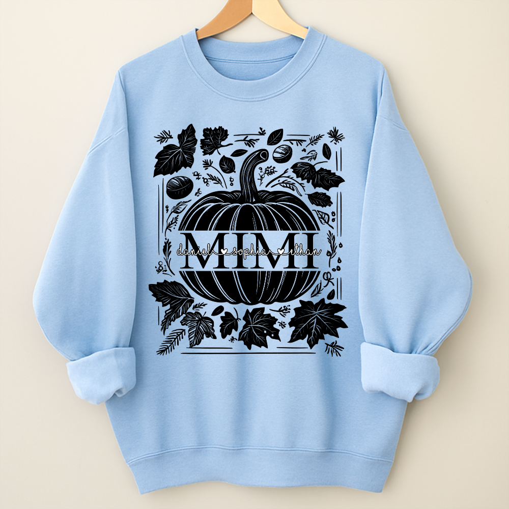 Custom Mimi Autumn Sweatshirt, Pumpkin and Leaf Design with Grandkids Names, Personalized Grandma Fall Apparel