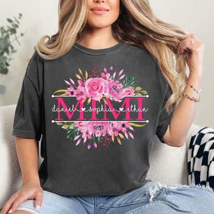 Custom Mimi T Shirt, Grandkids Names with Floral Rose Design Family Gift