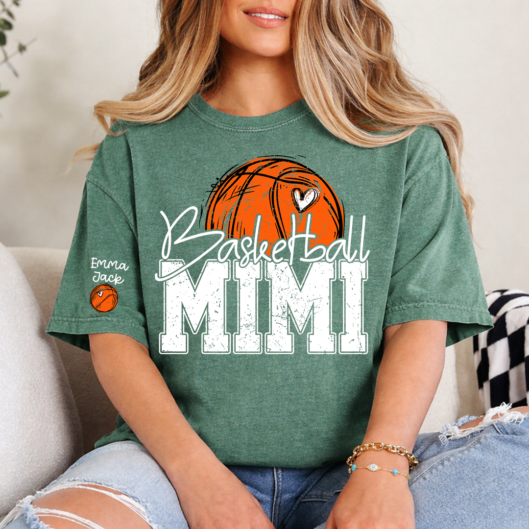 Custom Basketball Mimi Shirt with Heart and Ball Graphic, Personalized Family Names