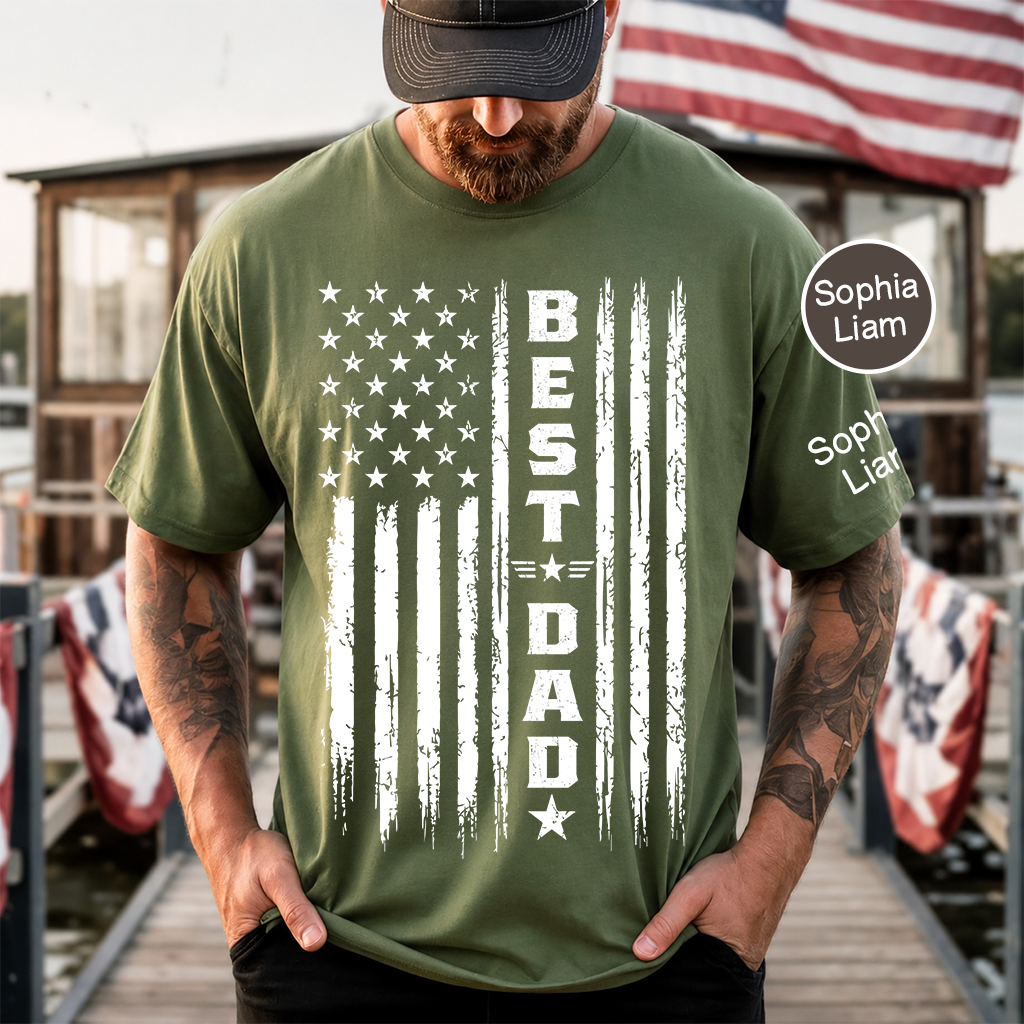Best Dad Patriotic T-Shirt – Custom Kids Names American Flag Design Gift for Daddy Papa Fathers Day Birthday