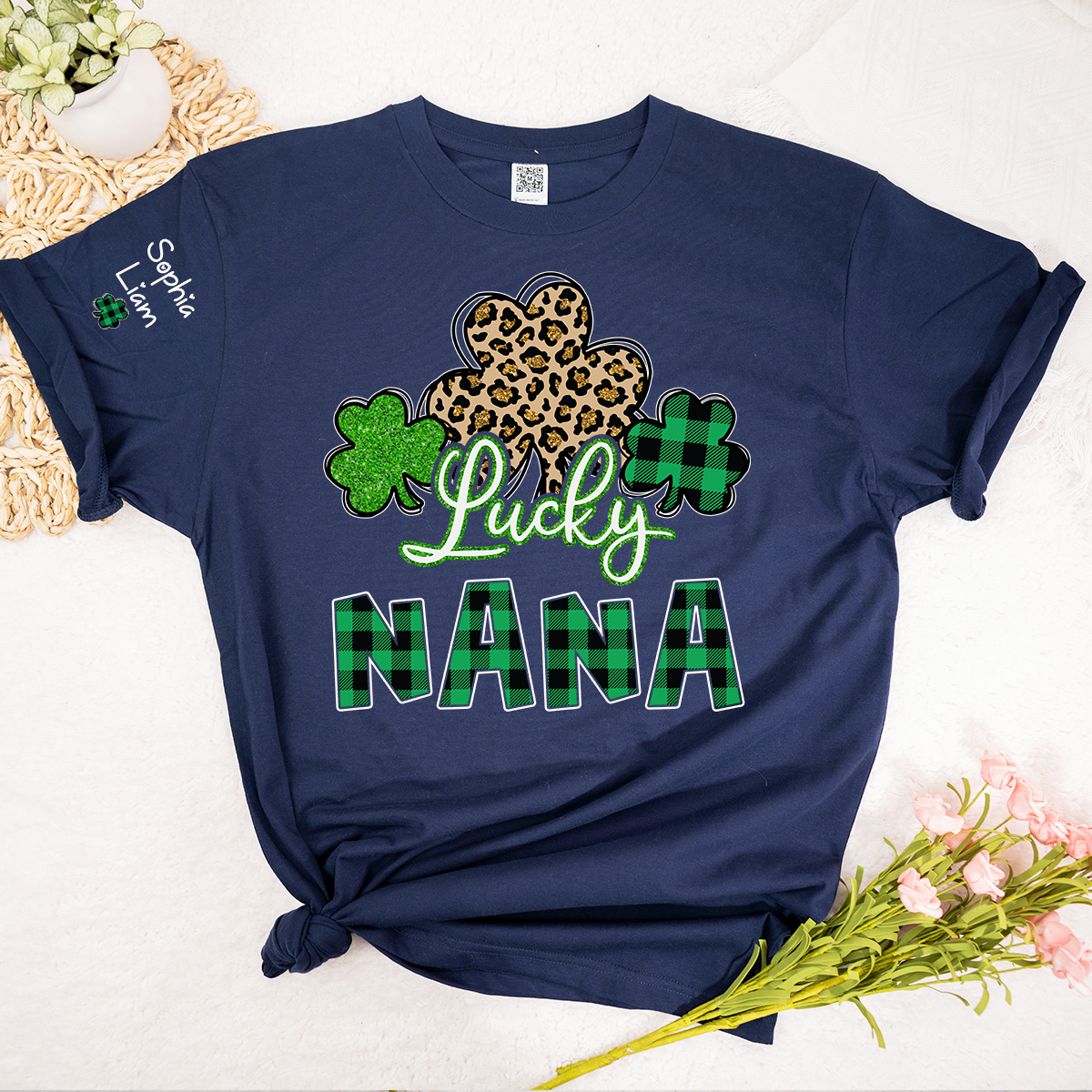 Personalized Lucky Nana T Shirt with Shamrock Pattern, St Patricks Day Grandma Shirt, Custom Name Nana Tee, Cute Irish Clover Design for Family Wear