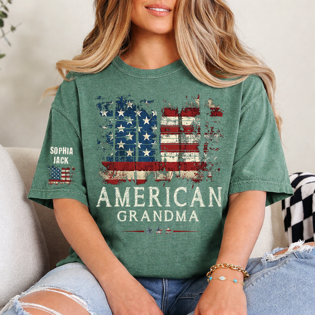 Personalized 4th of July Grandma T-Shirt, Distressed US Flag Gift for Grandmother