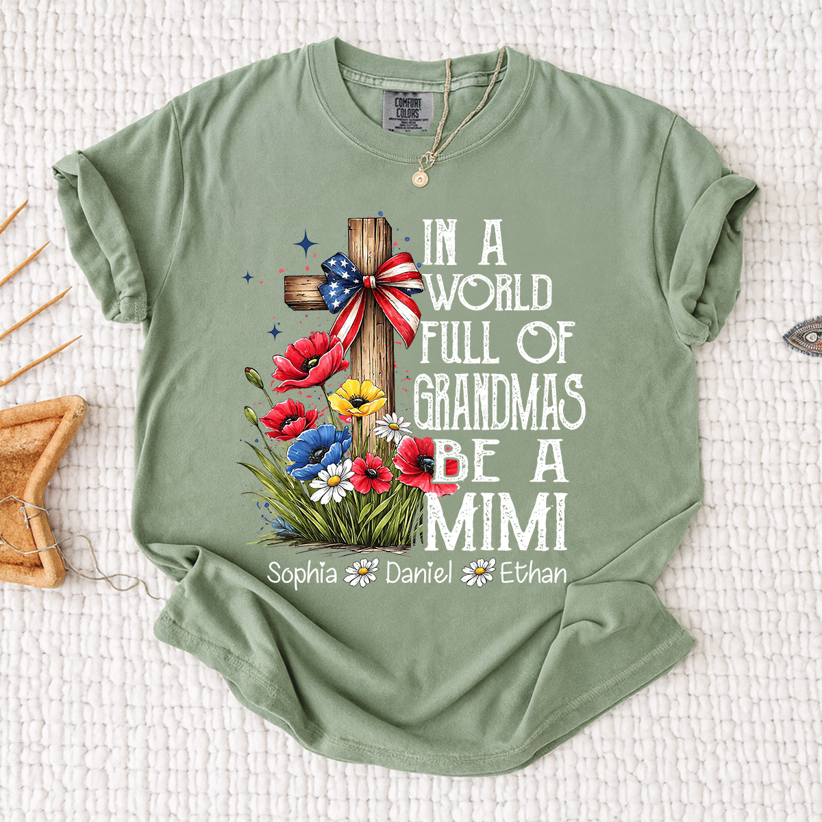 In a World Full of Grandmas Be a Mimi T-Shirt, Personalized Mimi T-Shirt with Cross and Floral Design