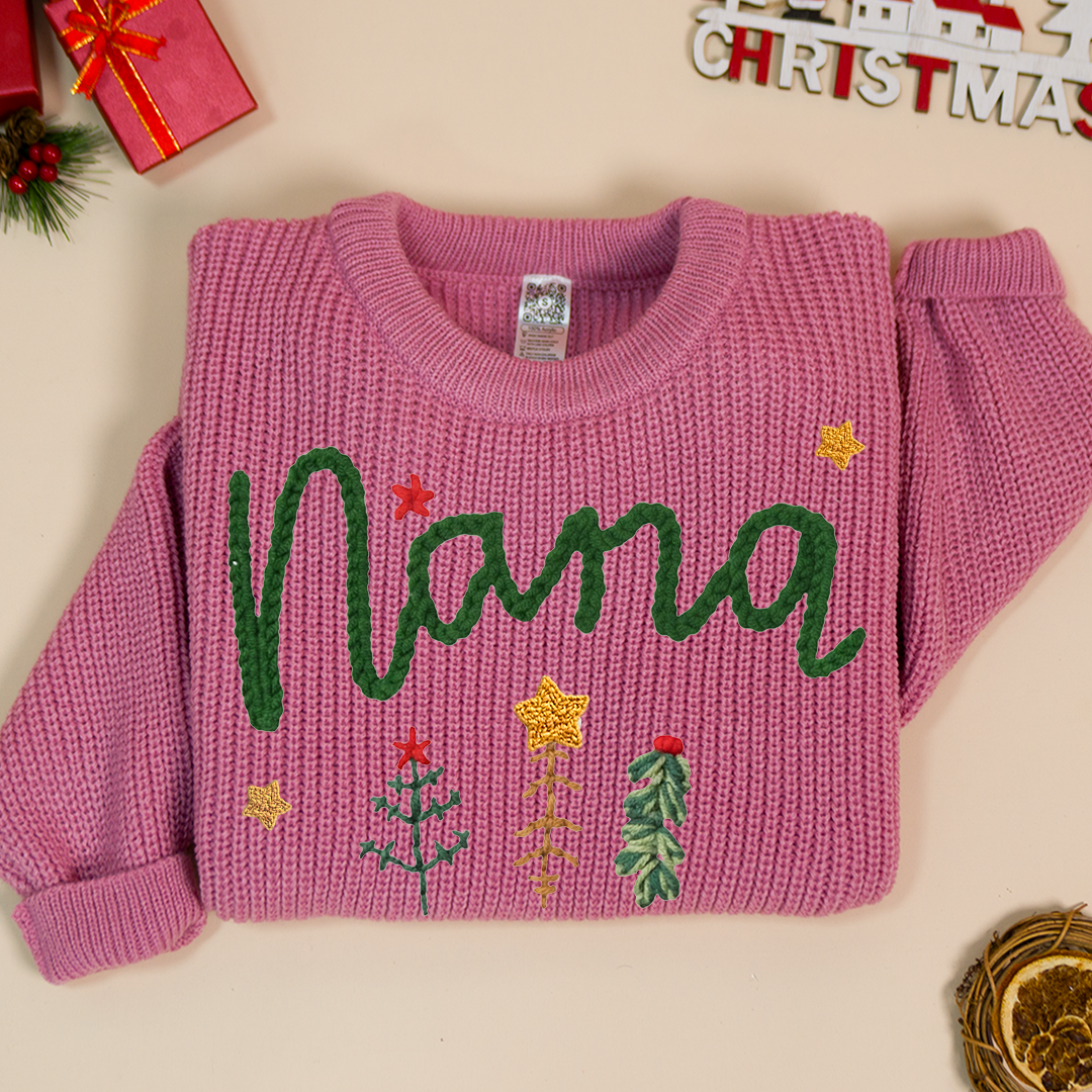 Personalized Nana Tree Hand-Embroidered Sweater, Cozy Christmas Knit Pullover, Unique Holiday Gift for Grandmas and Family