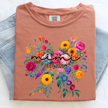 Comfort Colors® Mimi Bow Flower Est T-Shirt, Custom Grandma With Grandkids Shirt