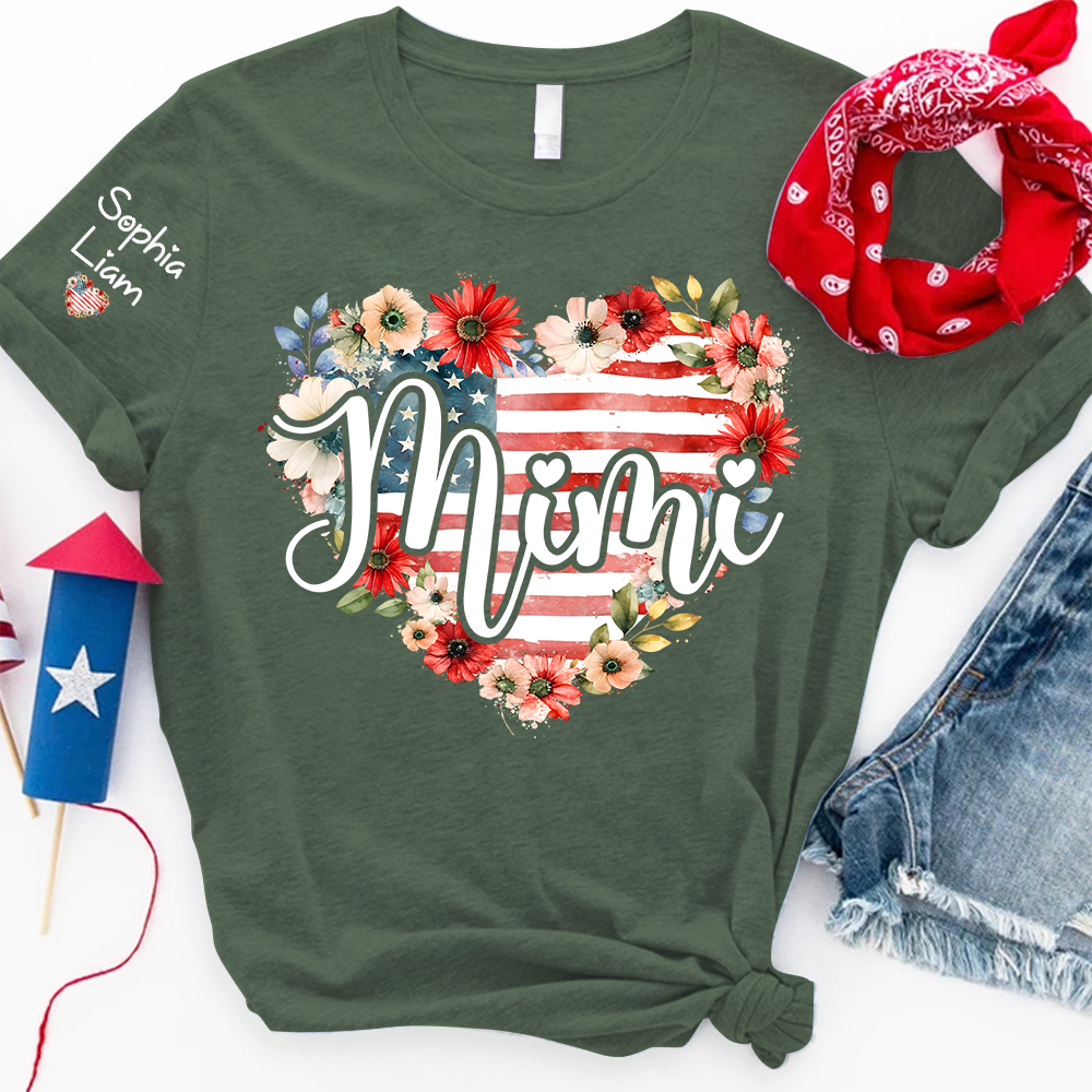Mimi Patriotic Floral T Shirt, Custom Heart Design with American Flag, Personalized Gift for Grandma, Perfect for Mother’s Day