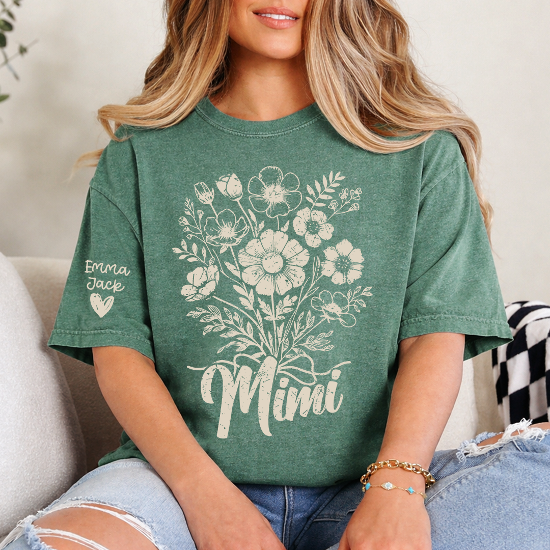 Personalized Mimi Shirt with Vintage Flower Graphic, Custom Names Family Gift