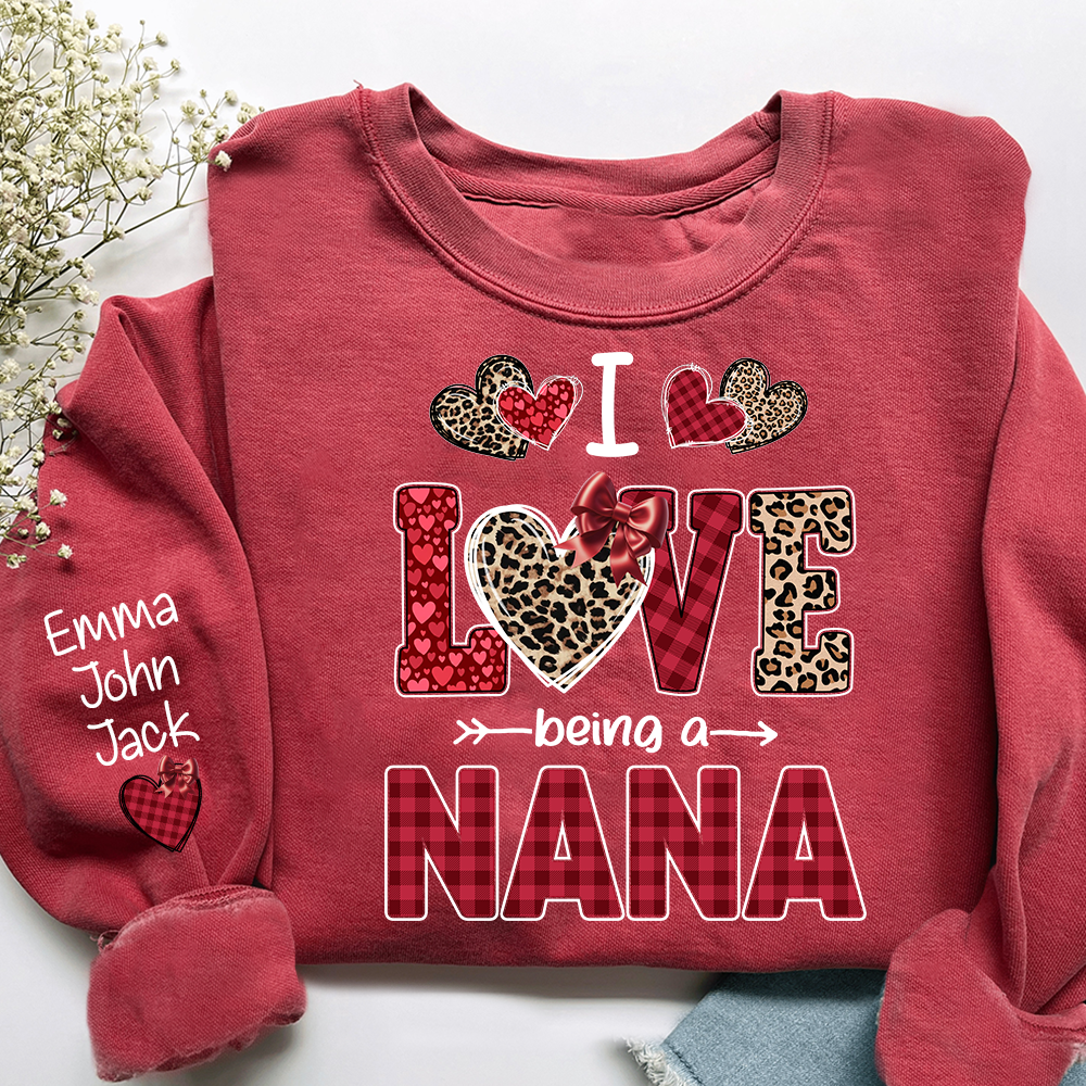 I Love Being a Nana Sweatshirt, Leopard and Plaid Heart Valentine Family Crewneck