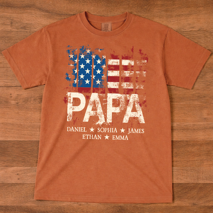 Comfort Colors® Papa American Flag Shirt With Name, Personalized Dad T Shirt Patriotic Style