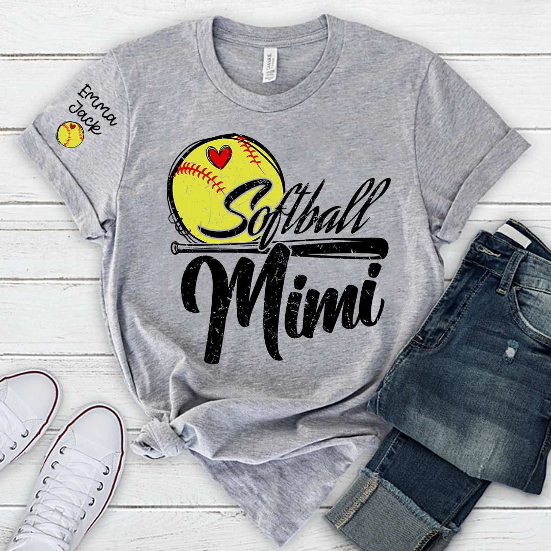 Personalized Mimi Softball Shirt, Heart and Bat Design with Custom Grandkids Names