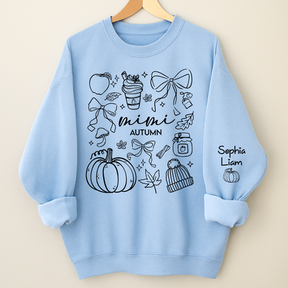 Custom Mimi Autumn Sweatshirt with Grandchildren Names, Personalized Fall Pumpkin Cozy Season Shirt, Grandma Gift