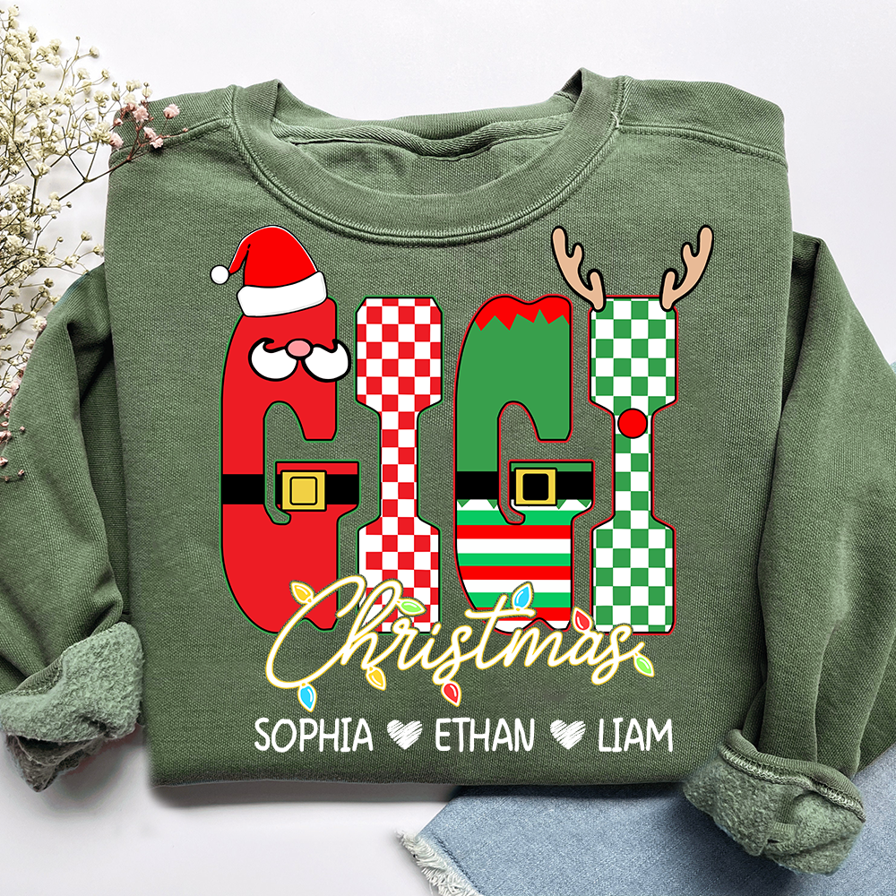 Preppy Merry Christmas Mimi Sweatshirt, Customized Name Gifts for Grandma and Kids
