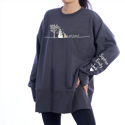 Custom Mimi And Grandkids Name Women Oversized Sweatshirt – Personalized Thumbhole Long Sleeve Pullover, Cozy Fall Side Slit Sweater