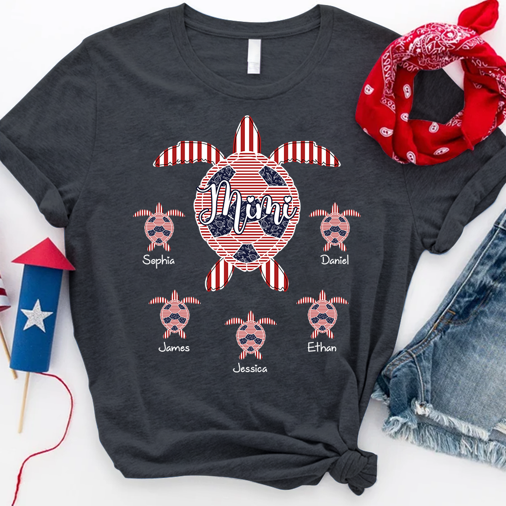 Personalized Mimi Sea Turtle Shirt with Grandkids Names, Custom Coastal Family Tee, Patriotic Beach Turtle Shirt for Women