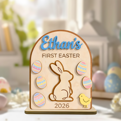 Personalized First Easter Wooden Plaque - Custom Name and Date for Baby Boy or Girl, Cute Bunny and Egg Design