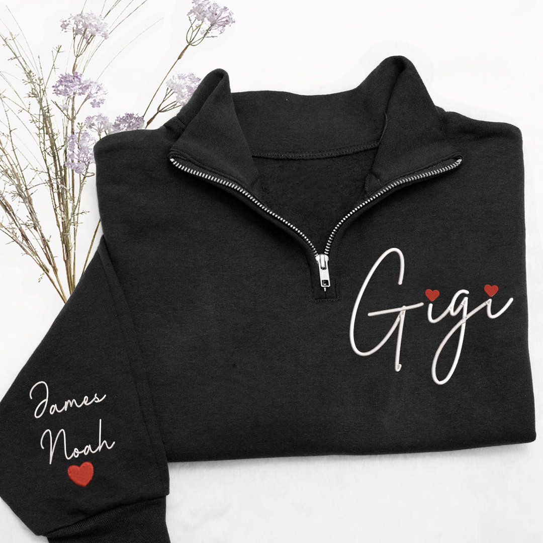 Gigi Heart Embroidered Quarter Zip, Personalized Name Sweater for Grandma