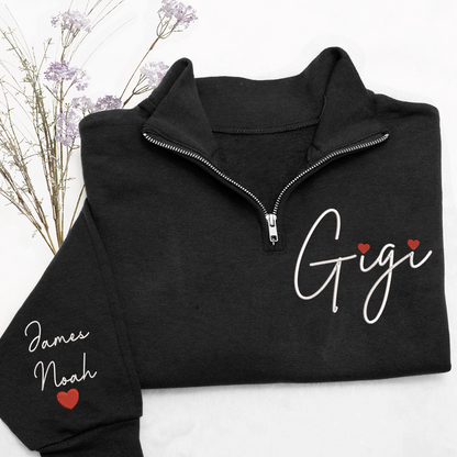 Gigi Heart Embroidered Quarter Zip, Personalized Name Sweater for Grandma