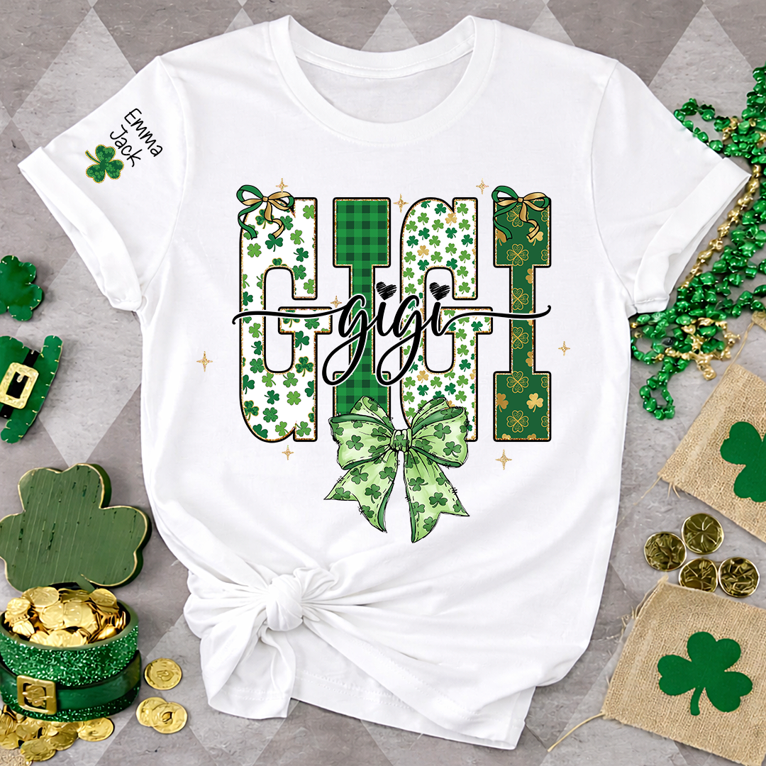 Lucky Gigi St Patrick’s Day T Shirt, Green Clover Bow Design, Gift For Grandma And Grandchildren